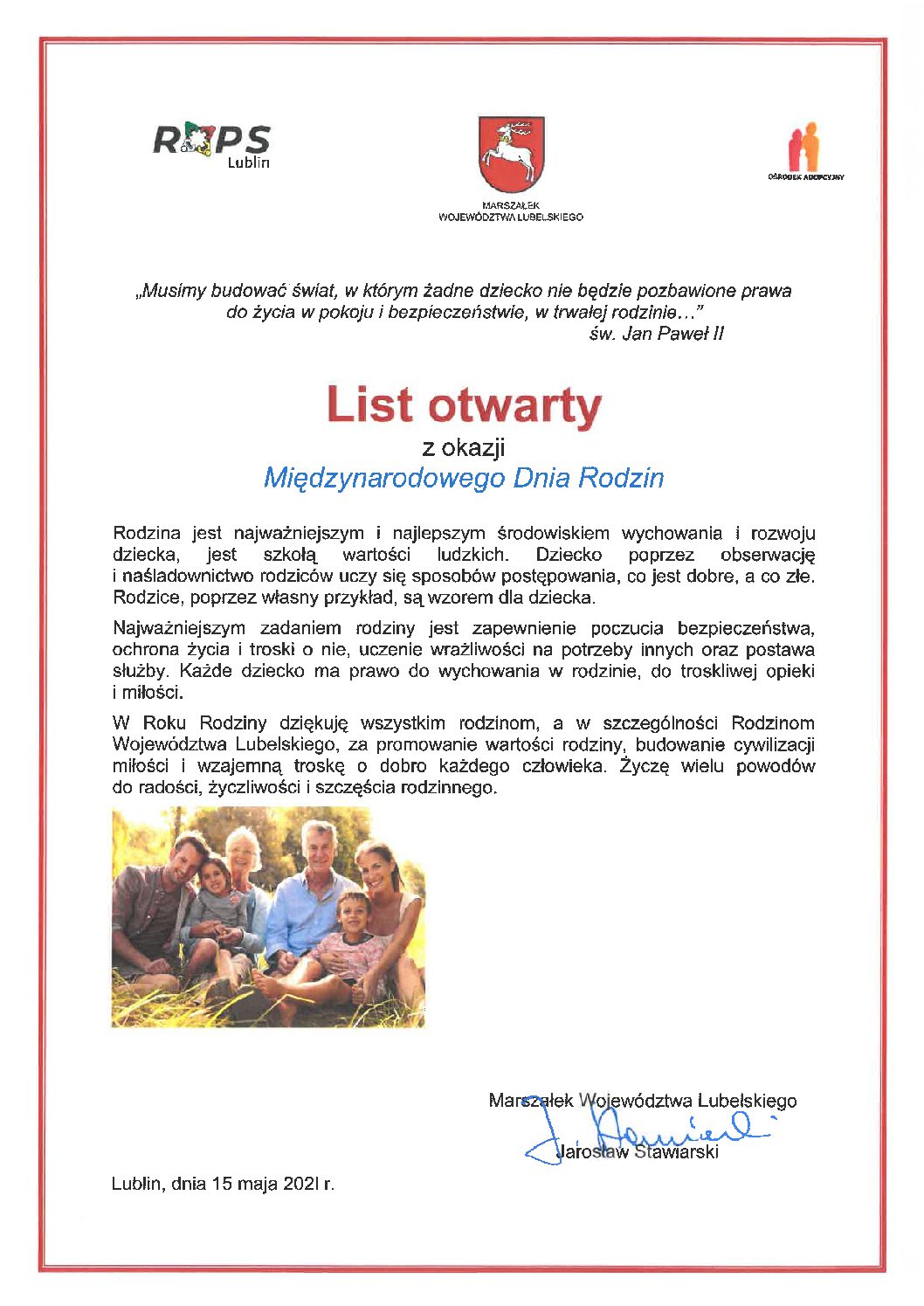 List otwarty Marszałka Województwa Lubelskiego – Jarosława Stawiarskiego z okazji Międzynarodowego Dnia Rodziny