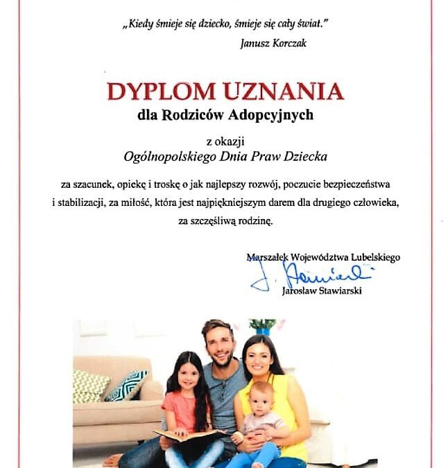 Dyplom Uznania od Marszałka Województwa Lubelskiego dla Rodziców Adopcyjnych z okazji Ogólnopolskiego Dnia Praw Dziecka