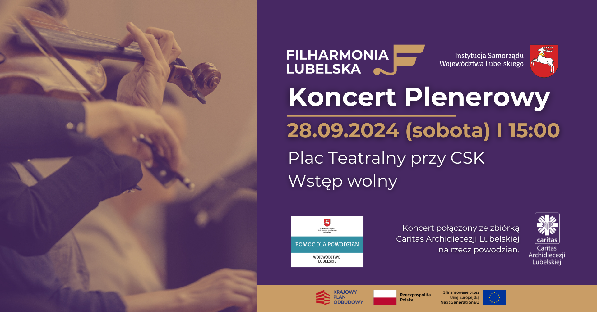 Plakat - Filharmonia Lubelska zaprasza na koncert plenerowy na Placu Teatralnym – pomoc dla poszkodowanych w powodzi