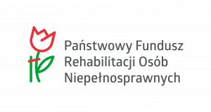 Logo PFRON wersja podstawowa - Logotyp Państwowego Funduszu Rehabilitacji Osób Niepełnosprawnych na jasnym tle. Po lewej stronie znajduje się stylizowany rysunek kwiatu tulipana – czerwony kontur kwiatu z uproszczonymi płatkami, osadzony na zielonej łodydze z jednym liściem oraz krótkim czerwonym elementem przecinającym łodygę. Po prawej stronie widnieje wielowierszowy napis w kolorze szarym: „Państwowy Fundusz Rehabilitacji Osób Niepełnosprawnych”, zapisany prostą szarą czcionką