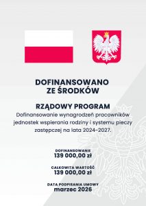 Plakat informacyjny dotyczący realizacji programu dofinansowań wynagrodzeń pracowników jednostek wspierania rodziny i systemu pieczy zastępczej na lata 2024-2027